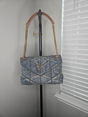 Saint Laurent Quilted Denim Shoulder Bag with Gold Chain and Tan Leather Pad